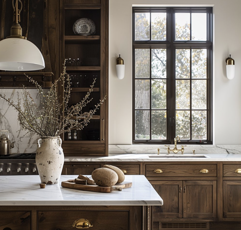 An all white kitchen with dark cabinets.